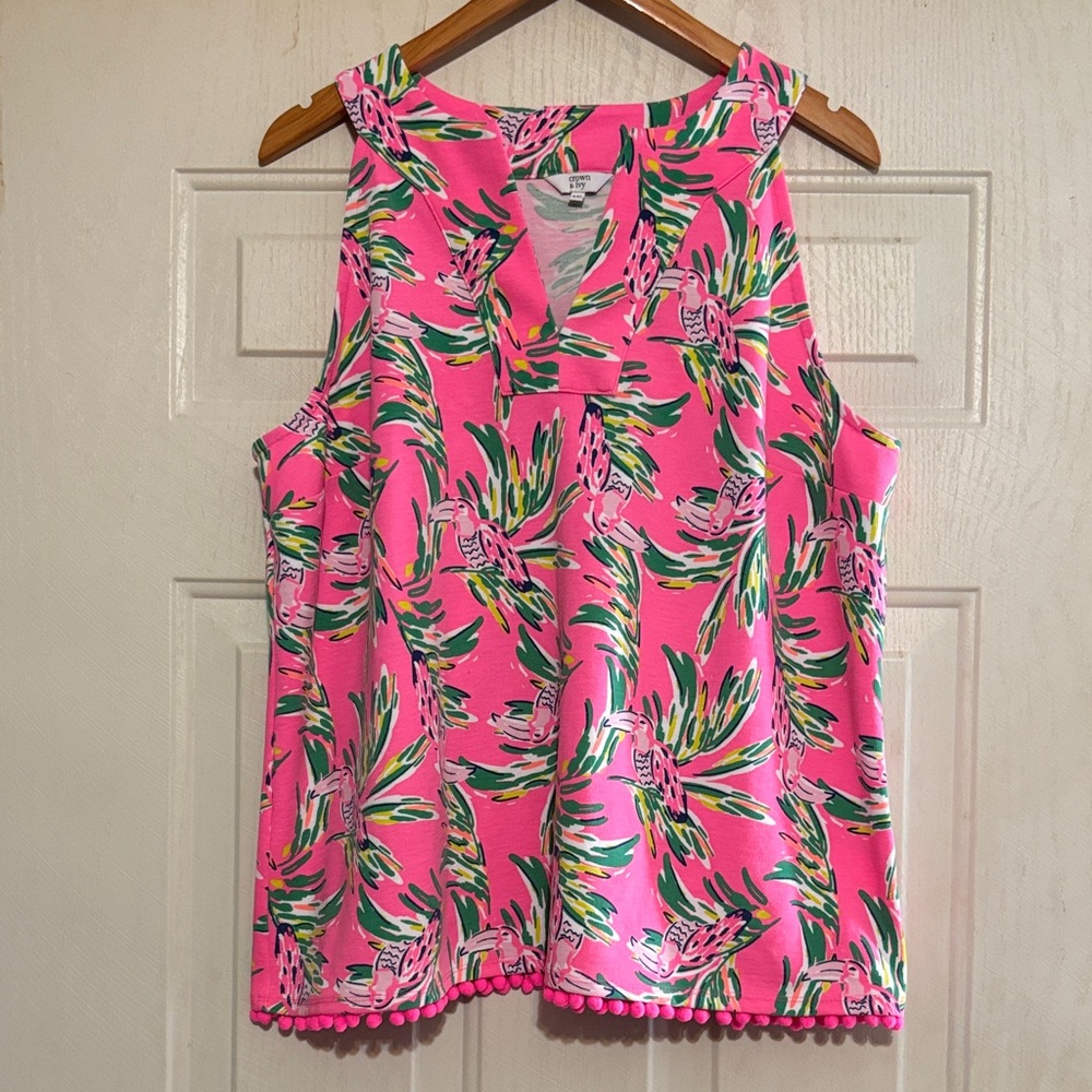 Crown & Ivy Tropical Pink Green Sleeveless Tank